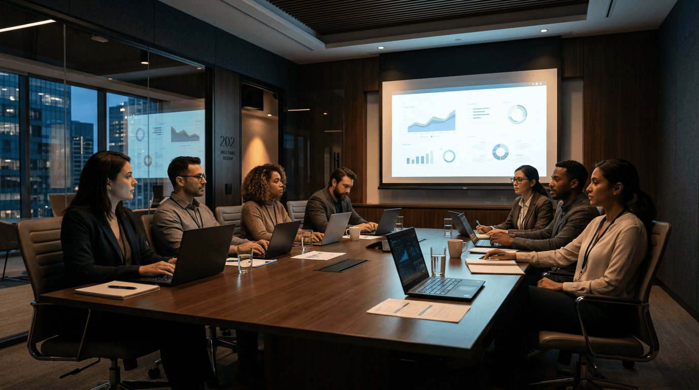 Formation en salle de réunion devant un écran de présentation